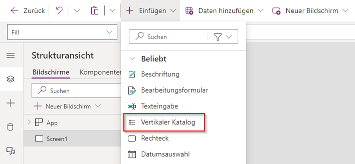 Screenshot der Schaltfläche „Vertikalen Katalog einfügen“