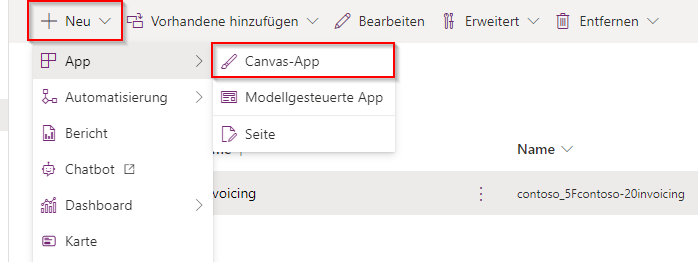 Screenshot der Schaltfläche „Neue Canvas-Anwendung erstellen“
