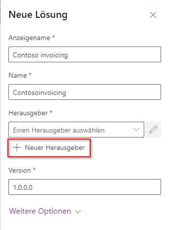 Screenshot der Schaltfläche „Neuer Herausgeber“