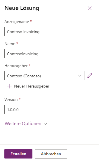 Screenshot des Erstellens von neuen Lösungsdetails für Contoso Invoicing