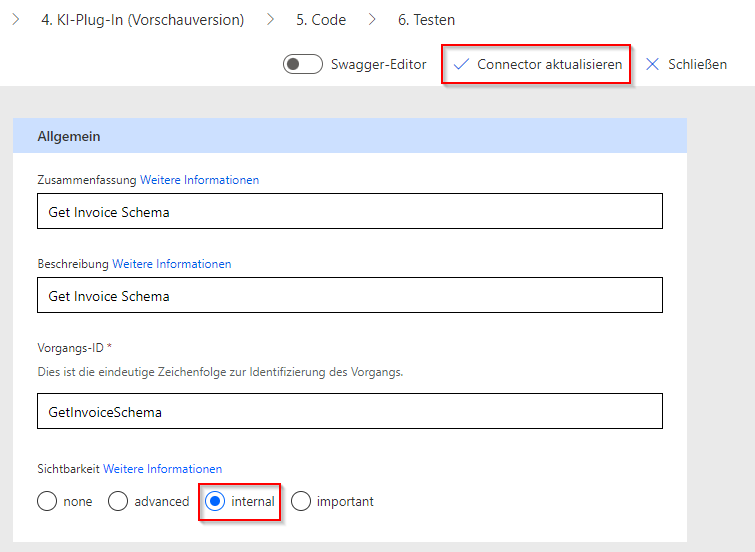 Screenshot eines Pfeils, der auf die Schaltfläche „Konnektor aktualisieren“ verweist
