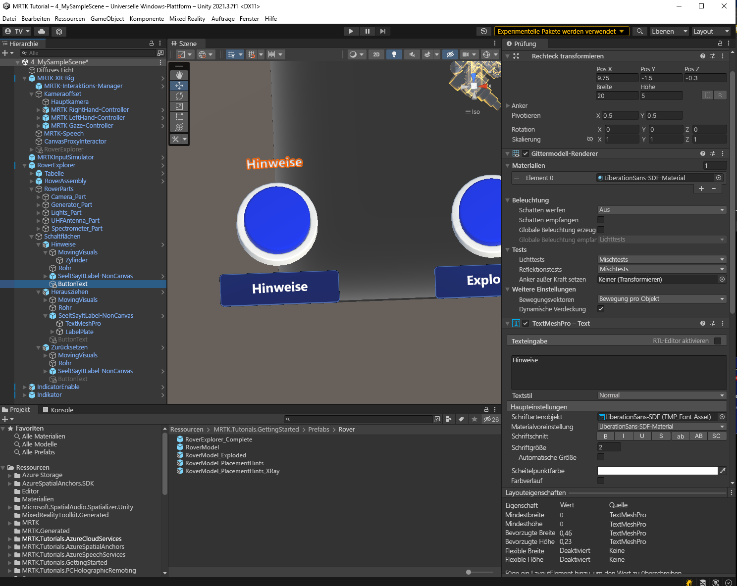 Screenshot of Unity with Hints Button text object configuration and EyeTrackingTarget component configured.