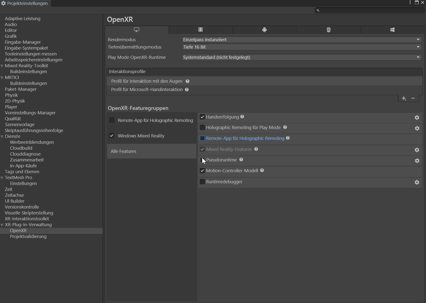 Screenshot of the eye-gaze interaction profile in the OpenXR menu.