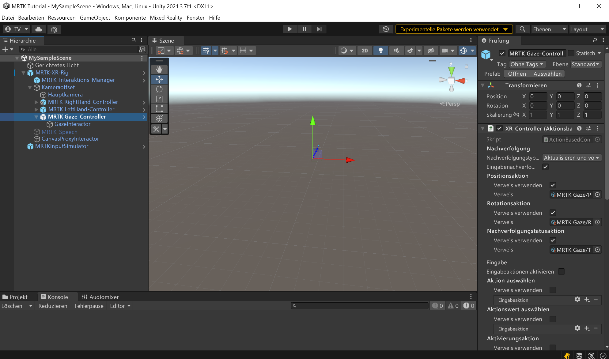 Screenshot of the MRTK XR Rig prefab for gaze controller.