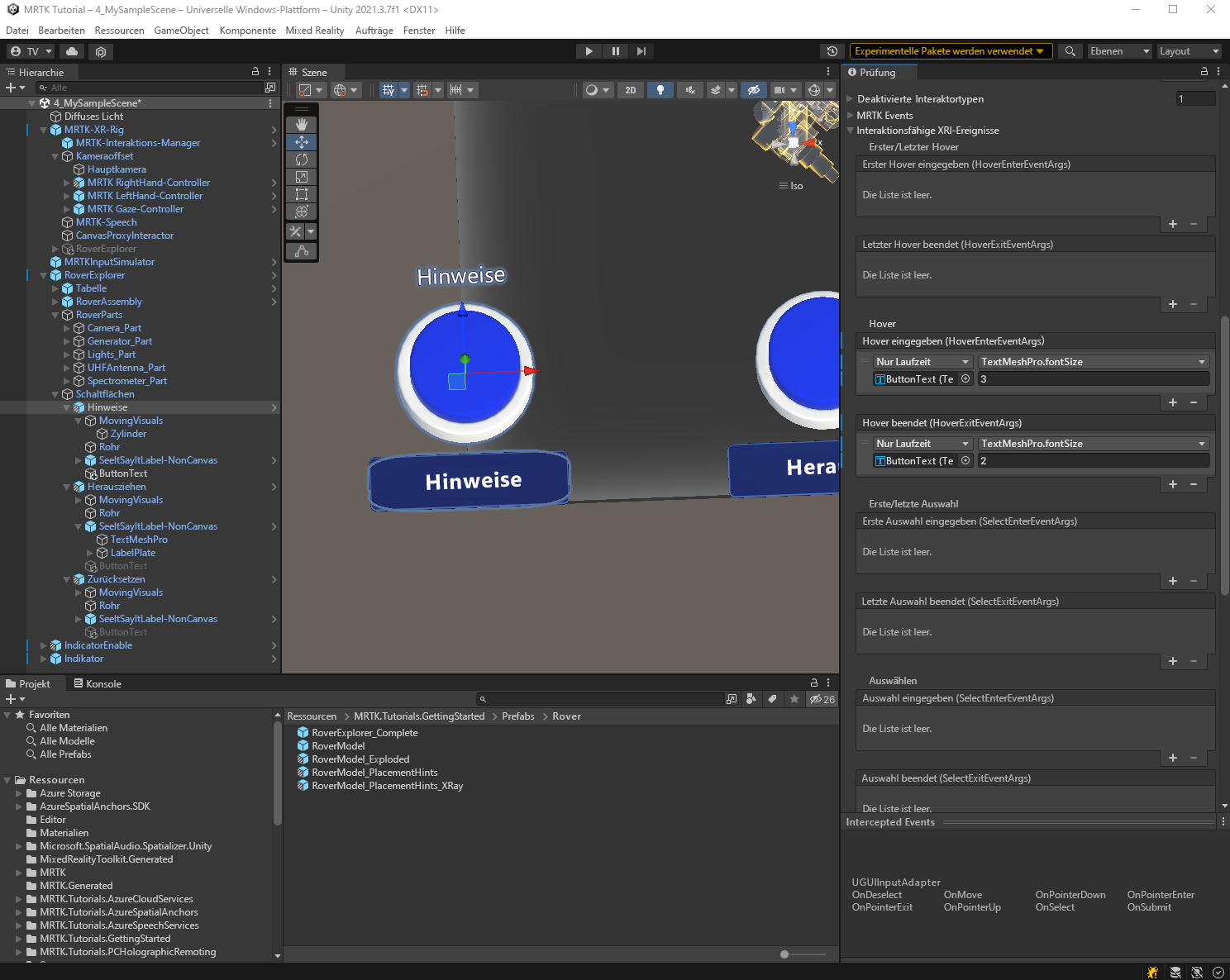 Screenshot of Unity with Hints TextMeshPro object selected and EyeTrackingTarget component configured.
