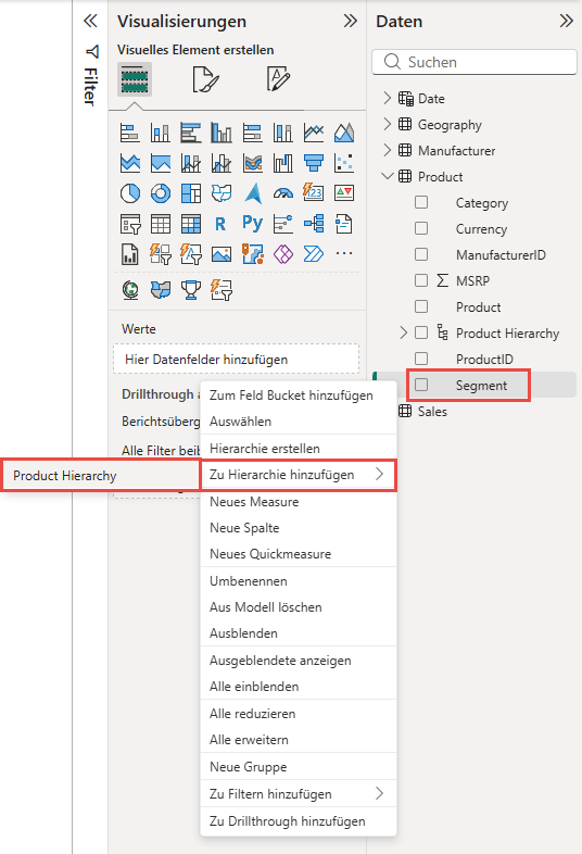 Screenshot des Speicherorts der Produkthierarchieoption für die Erweiterungsoption „Zur Hierarchie hinzufügen“ für das Feld „Segment“ in der Tabelle „Product“.