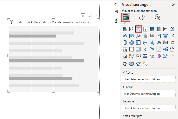 Screenshot der Auswahl des Visuals „Balkendiagramm (gruppiert)“ im Bereich „Visualisierungen“.