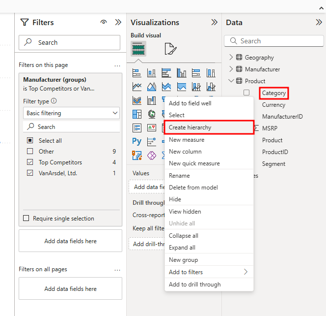 Screenshot der Option „Hierarchie erstellen“, nachdem in der Tabelle „Product“ mit der rechten Maustaste auf das Feld „Category“ geklickt wurde.