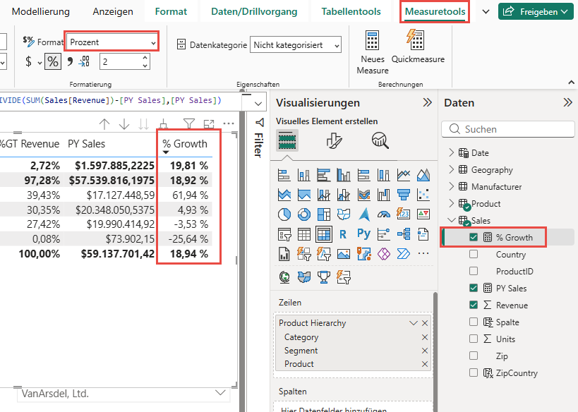 Screenshot mit dem Measure „% Wachstum“ im Prozentformat unter der Registerkarte „Measuretools“