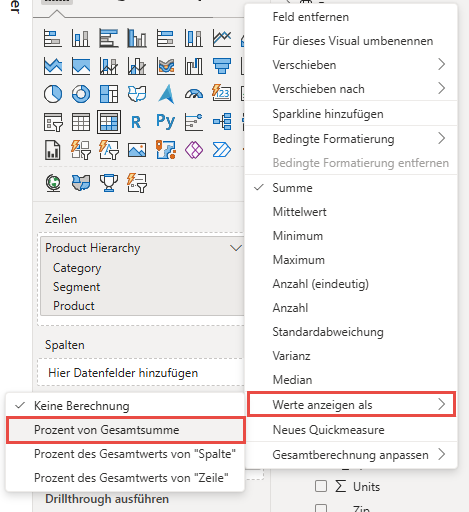 Der Screenshot mit der Position von „Prozent aus Gesamtsumme“ aus der Option „Wert anzeigen als“ für das neu hinzugefügte Feld „Summe von Revenue“.