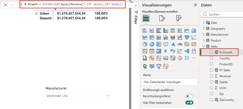 Screenshot mit der Eingabe der Formel in die Formelleiste und die Hinzufügung des Measures „Percentage Growth“ in der Tabelle „Sales“