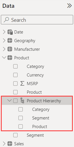 Screenshot der neu erstellten Product Hierarchy im Bereich „Daten“. 