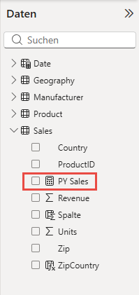 Screenshot, der das in der Tabelle „Sales“ hinzugefügte Measure „PY Sales“ zeigt.