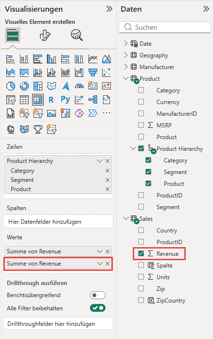 Der Screenshot mit den Bereichen „Daten“ und „Visualisierungen“ und Hervorhebung von „Sum of Revenue“ im Abschnitt „Werte“