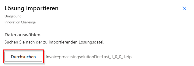 Screenshot des Dialogfeldes „Eine Lösung importieren“