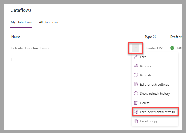 Screenshot der Datenflussliste im Power Apps-Portal. Hervorgehoben ist die Option „Inkrementelle Aktualisierung bearbeiten“ unter den Auslassungspunkten des Datenflusses.