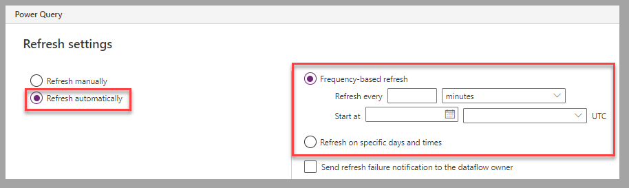 Screenshot des Power Query-Editors. Hervorgehoben sind die Optionen zur automatischen Aktualisierung und der Konfigurationsbereich.
