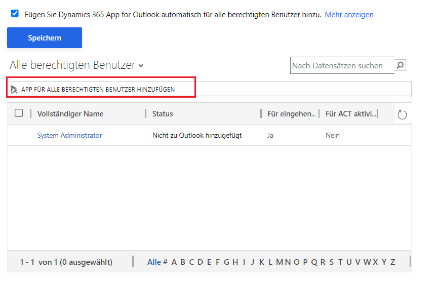 Screenshot des Bildschirms „Alle berechtigten Benutzer“ mit der Option „App für alle berechtigten Benutzer hinzufügen“.