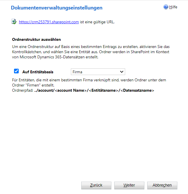 Screenshot der Einstellung „Ordnerstruktur auswählen“ mit Aktivierung des Kontrollkästchens „Auf Entitätsbasis“ und Auswahl von „Kontoentität“ im Dropdownmenü.