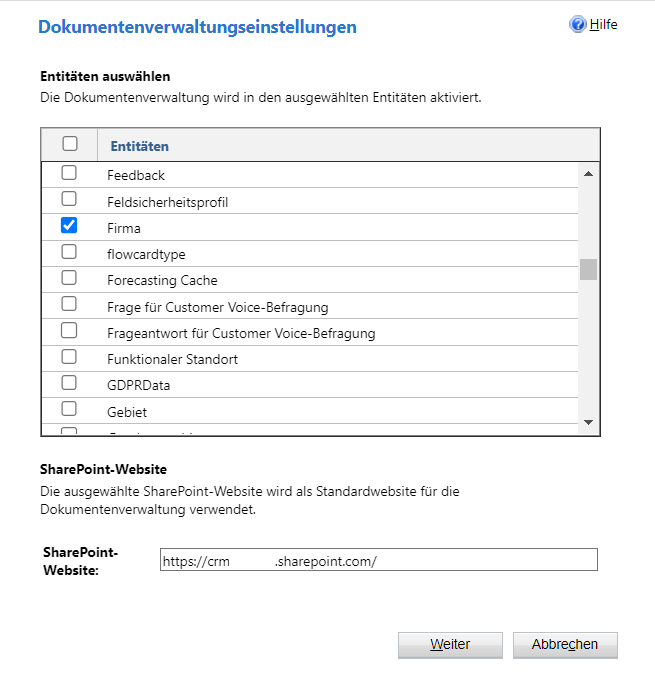 Screenshot des Bildschirms „Dokumentenverwaltungseinstellungen“ mit der Option für die Angabe von Tabellen zur Aktivierung der Dokumentenverwaltung.
