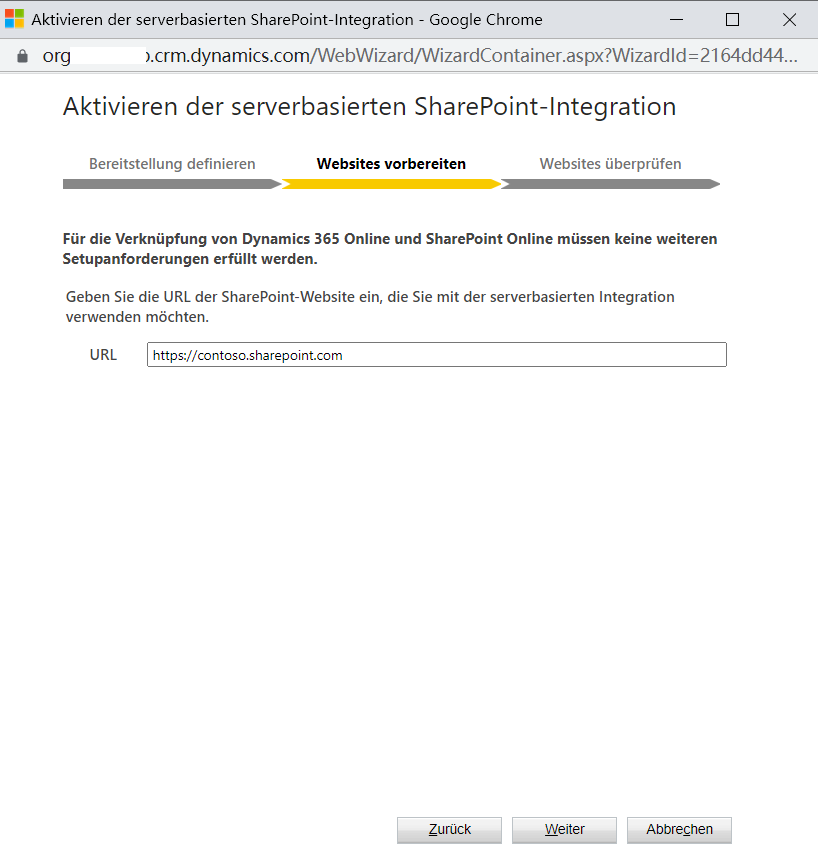 Screenshot eines Fensters mit Anzeige von „Serverbasierte SharePoint-Integration aktivieren“ im Schritt „Websites vorbereiten“.