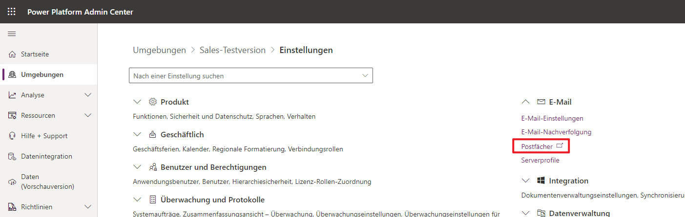 ‎Screenshot des Abschnitts „Postfächer“ in den Umgebungseinstellungen.