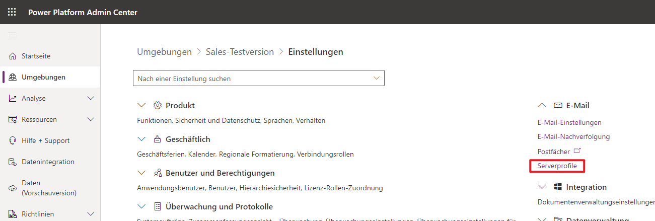Screenshot mit der Einstellung „Serverprofile“ in den Umgebungseinstellungen.