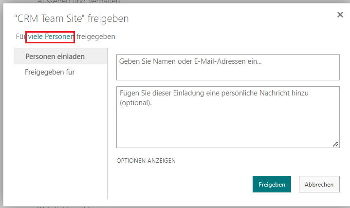 Screenshot, der zeigt, wie Sie Berechtigungen durch die Auswahl von „Viele Personen“ in der SharePoint-Freigabeoption anzeigen.