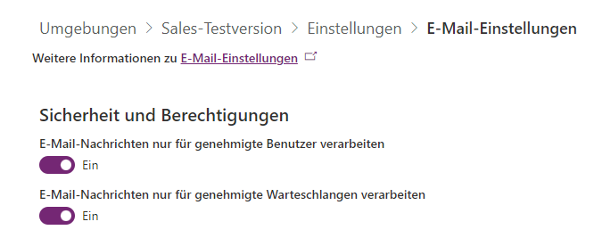 Screenshot der Seite „E-Mail-Einstellungen“ mit den Schaltern „Sicherheit“ und „Berechtigungen“.