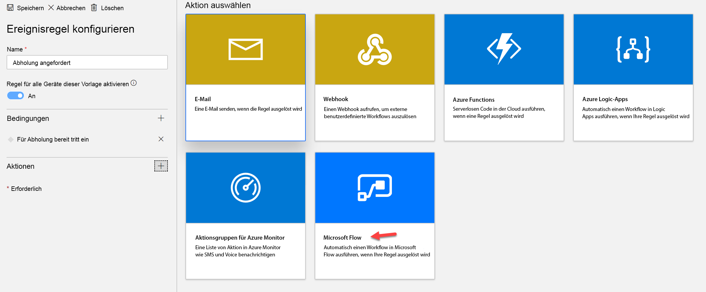 Screenshot des Bildschirms „Ereignisregel konfigurieren“ mit der hervorgehobenen Microsoft Flow-Aktion