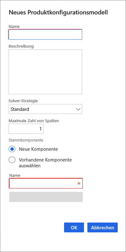 Screenshot der Seite „Neues Produktkonfigurationsmodell“ mit der Solver-Strategie „Standard“