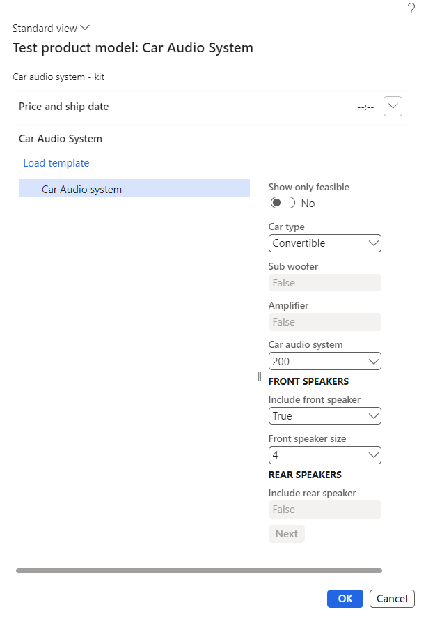 Screenshot des Testproduktmodells: Dialog „PKW-Audiosystem“.