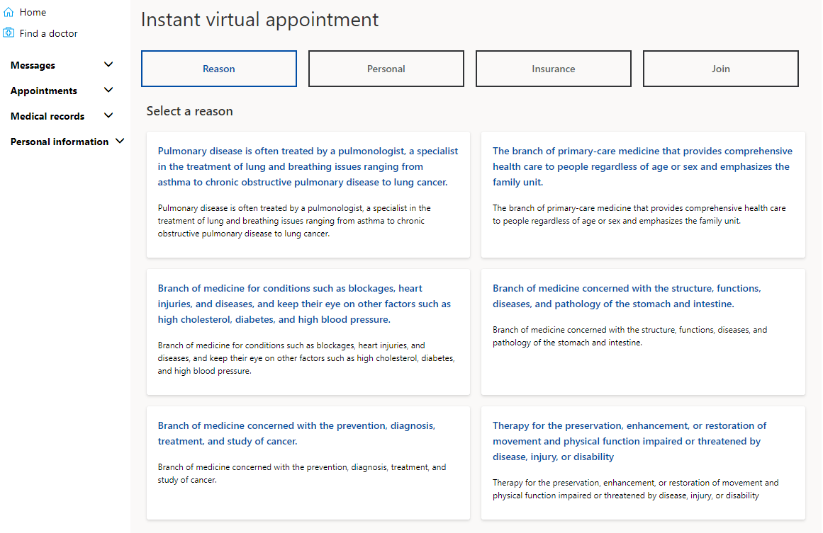 Screenshot of the appointment booking screen in the Patient Portal with Reason selected and a number of reasons to select from.