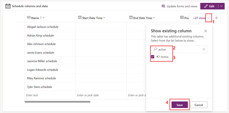 Screenshot of the Dynamics 365 Healthcare Administration Schedules view.