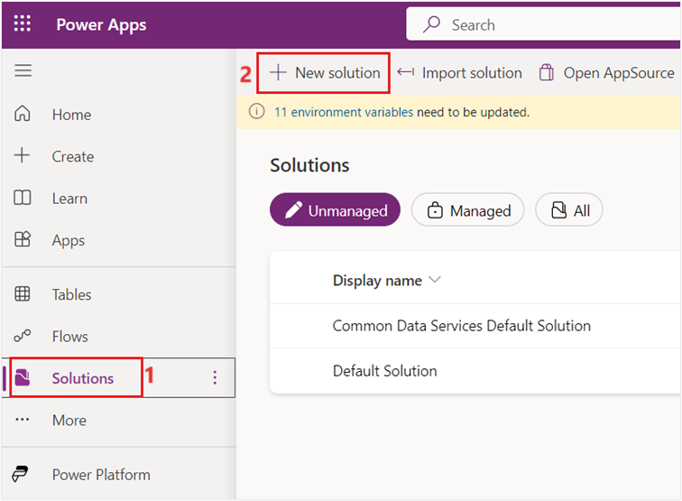 Screenshot of Power Apps Solutions view showing the New solution button.