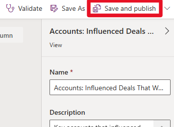 Teilweiser Screenshot des Ansicht-Designers mit ausgewählter Option „Veröffentlichen“