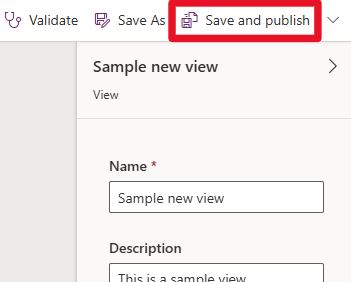 Teilweiser Screenshot des Ansicht-Designers. Hervorgehoben ist die Option „Veröffentlichen“.