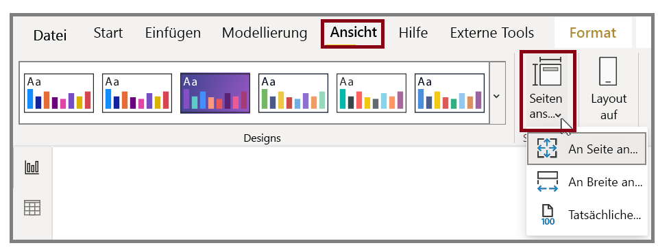 Screenshot der Schaltfläche „Seitenansicht“ und der Dropdownoptionen.