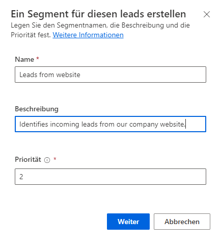 Screenshot des Dialogfelds „Segment für Leads erstellen“ mit ausgefüllten Angaben