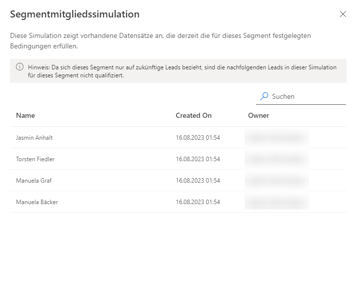 Screenshot der Liste „Segmentsimulation“