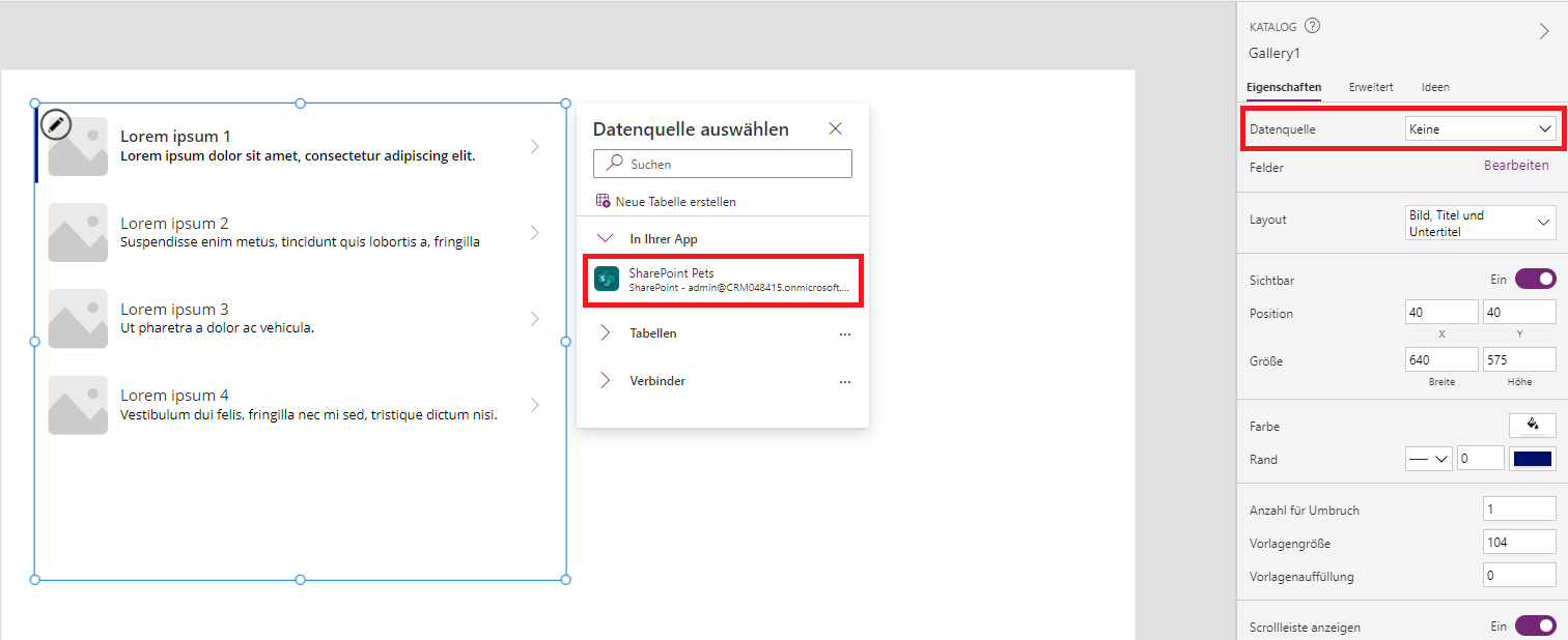 Screenshot, der anzeigt, wo Sie eine Datenquelle aus dem Dialogfeld für den Katalog auswählen können oder wo Sie die Datenquelle aus dem Eigenschaftenbereich auswählen können.