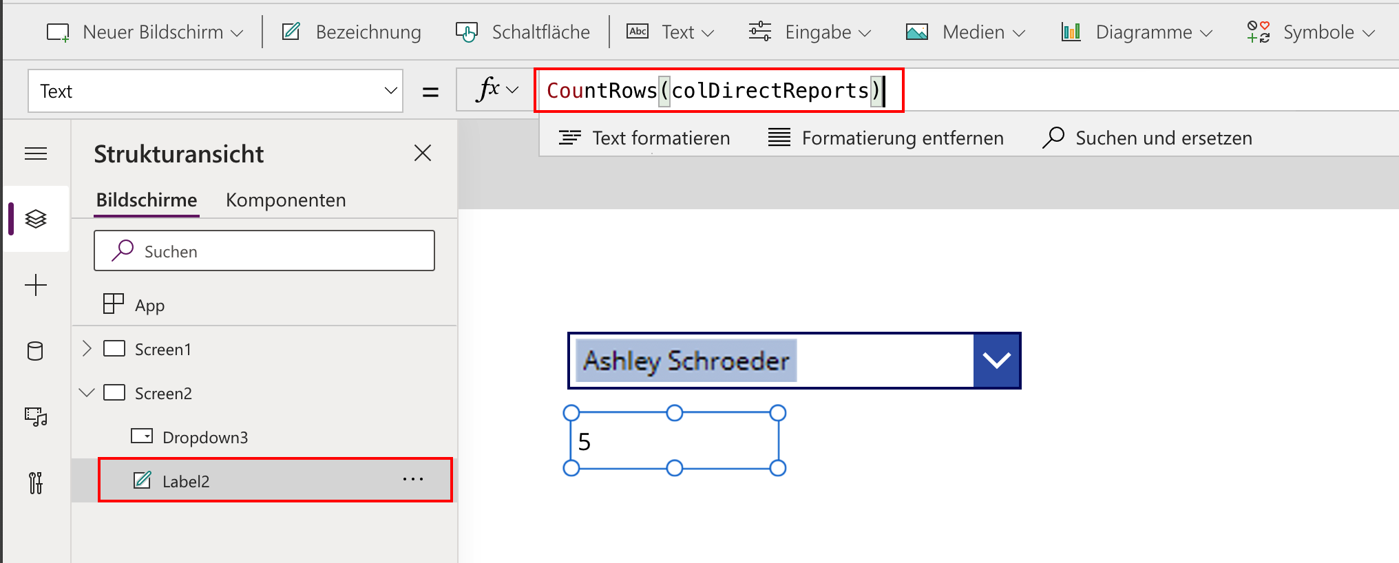 Screenshot eines Beschriftung-Steuerelements mit eingerichteter text-Eigenschaft