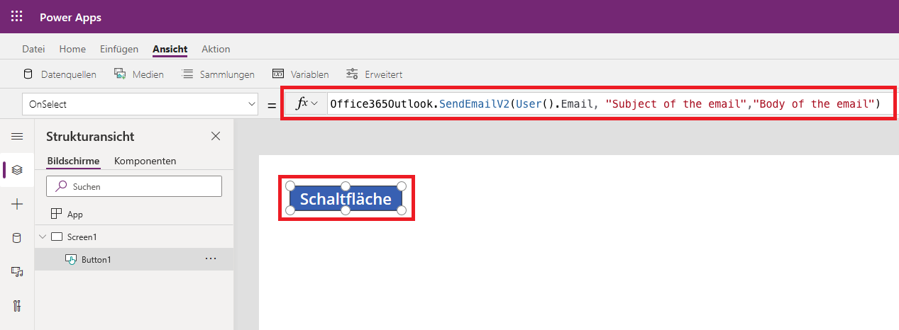 Screenshot zum Festlegen der OnSelect-Eigenschaft der Office 365 Outlook-Formel