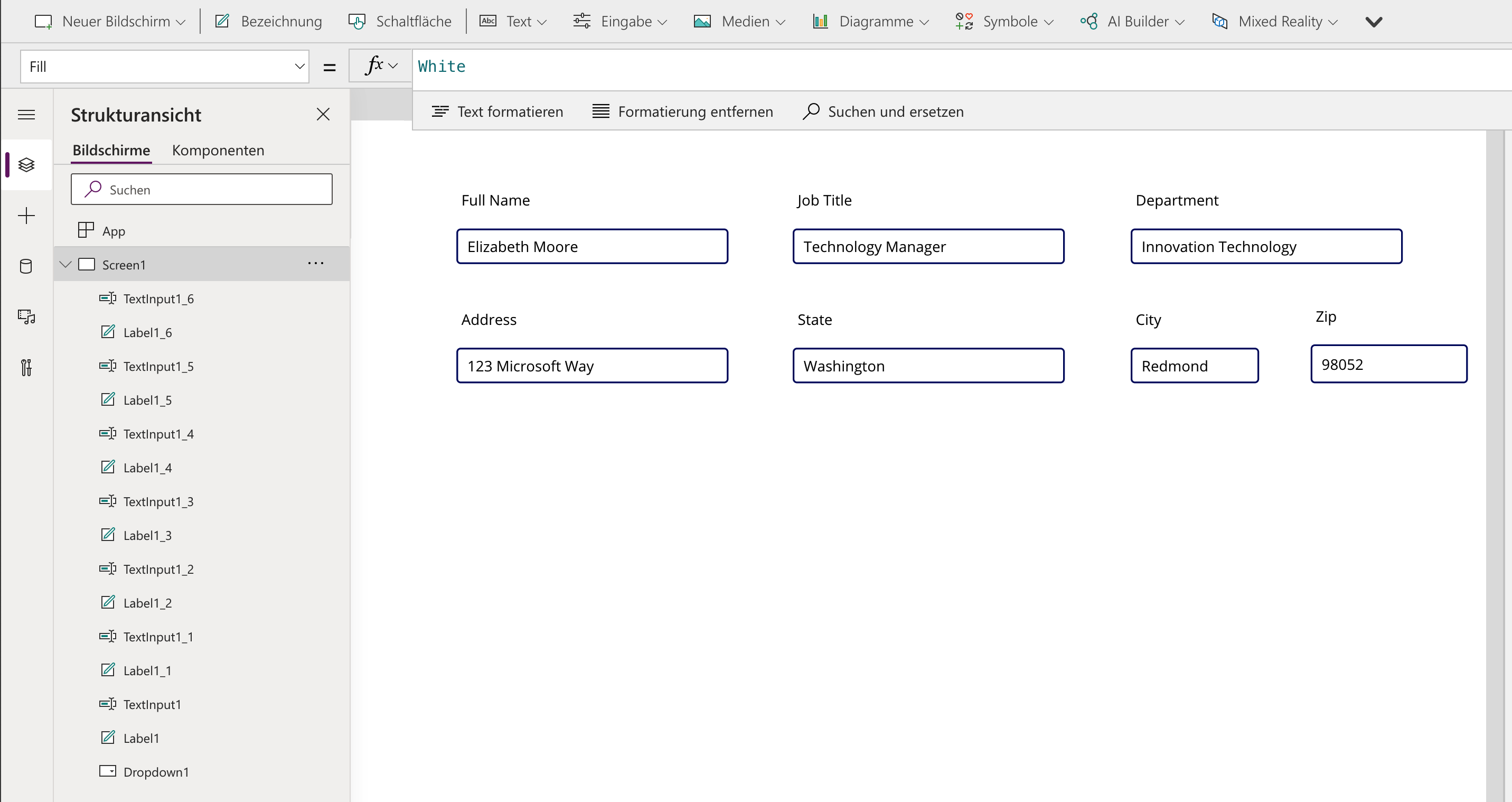Screenshot der Benutzerprofilinformationen