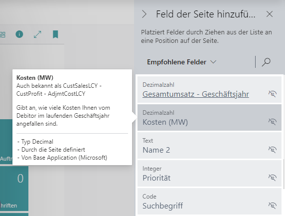 Screenshot des Bereichs „Feld der Seite hinzufügen“