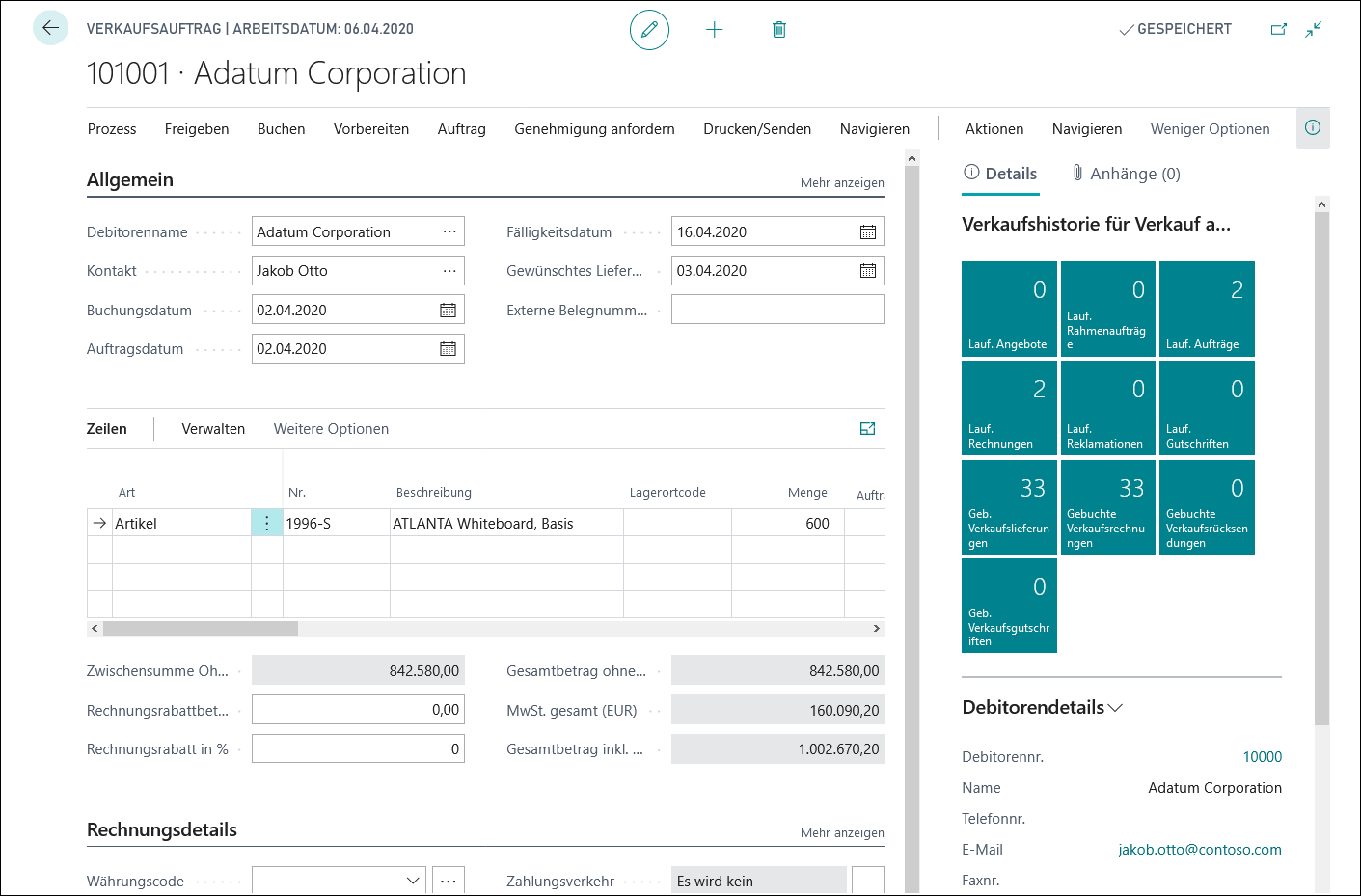 Screenshot einer beispielhaften Belegseite in Business Central