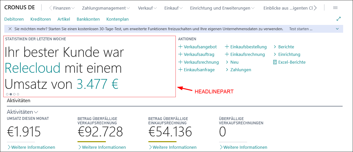 Screenshot einer beispielhaften HeadlinePart-Seite in Business Central