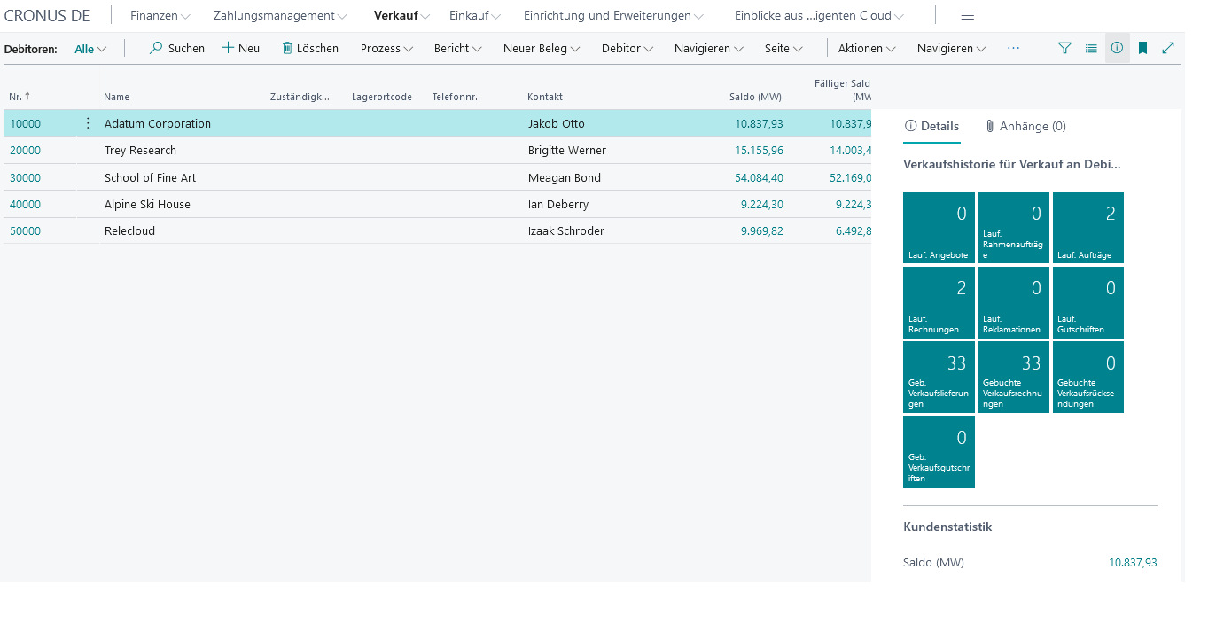 Screenshot einer beispielhaften Listenseiten in Business Central