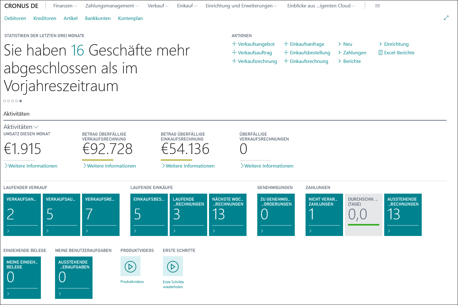 Screenshot einer beispielhaften Rollencenter-Seite in Business Central