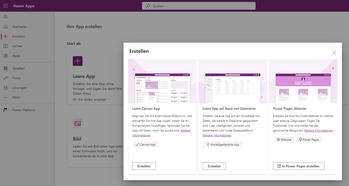 Screenshot der Auswahl „Apps zu Neue App zu Canvas“ mit hervorgehobenem Canvas